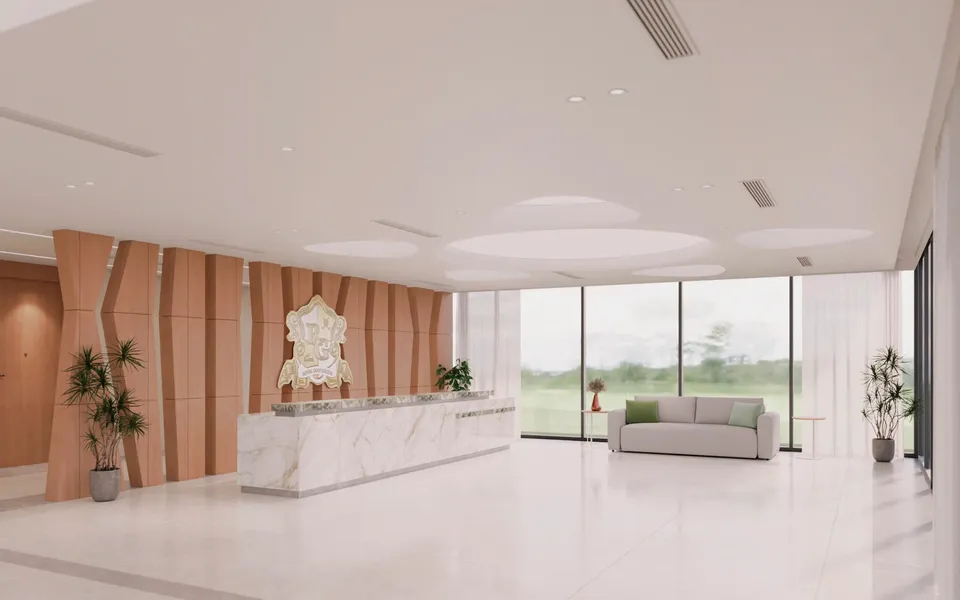 Quầy lễ tân nhìn từ cửa chính