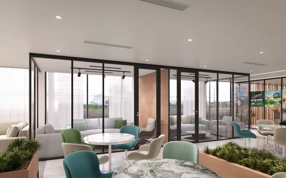 Bàn tiếp khách và bồn cây ngăn khu